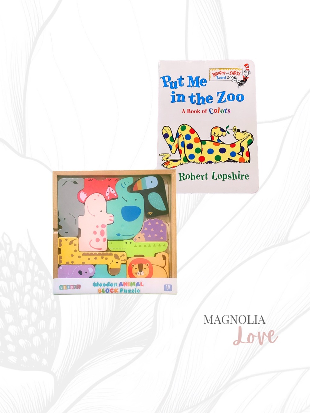 🦒 Wooden Zoo Animal Block Puzzle & Put Me in the Zoo Book by Robert Lopshire Set